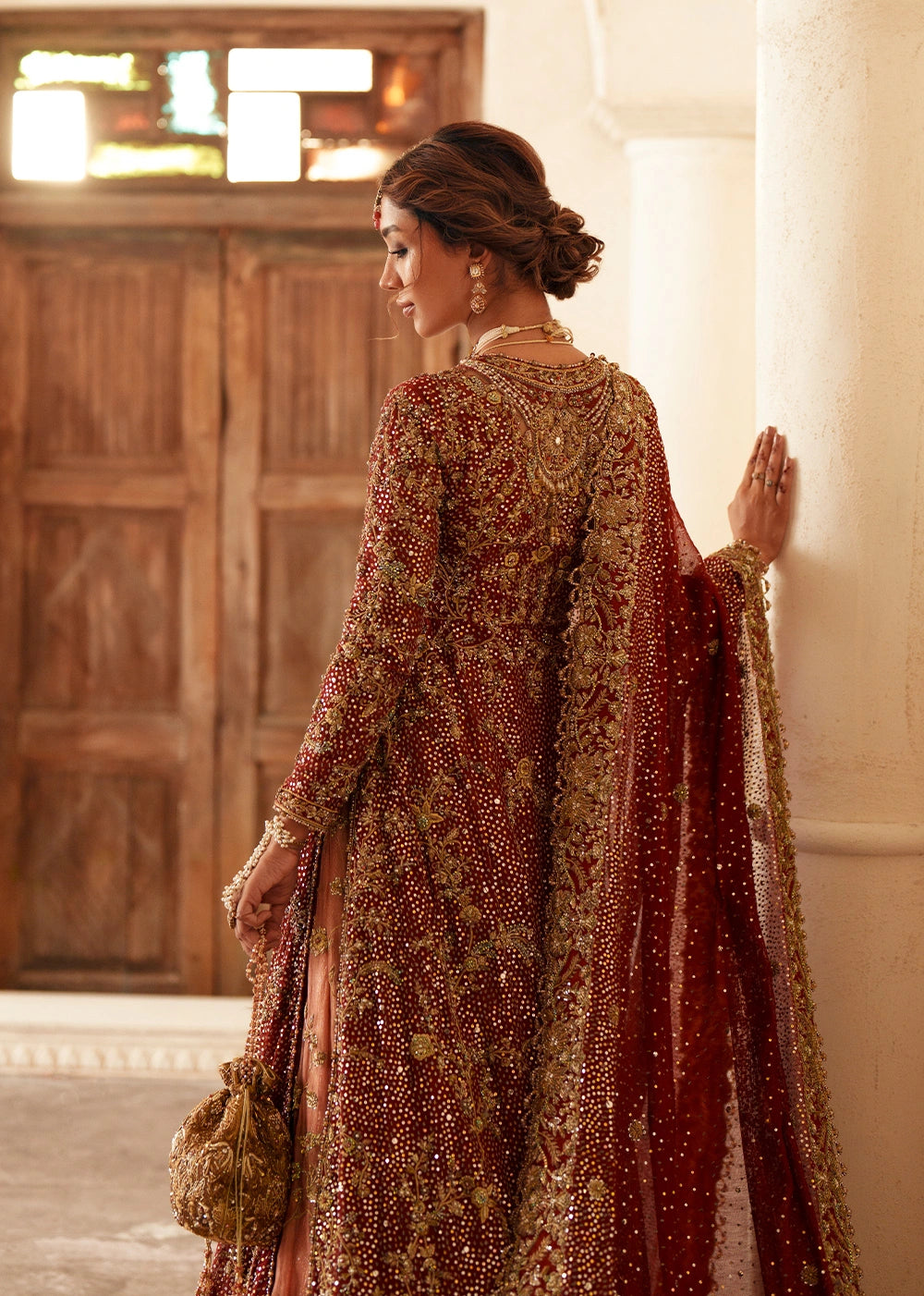 Elegant Pakistani Bridal Dress in Open Kameez Lehenga Style