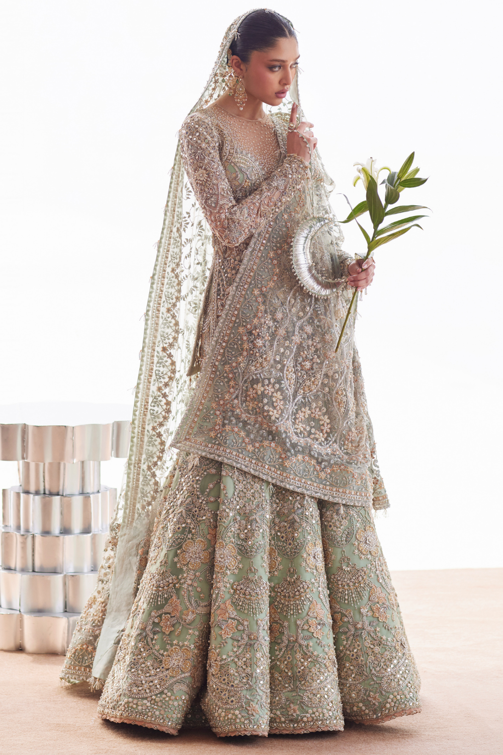 Elegant Pakistani Bridal Dress in Short Shirt and Lehenga Style