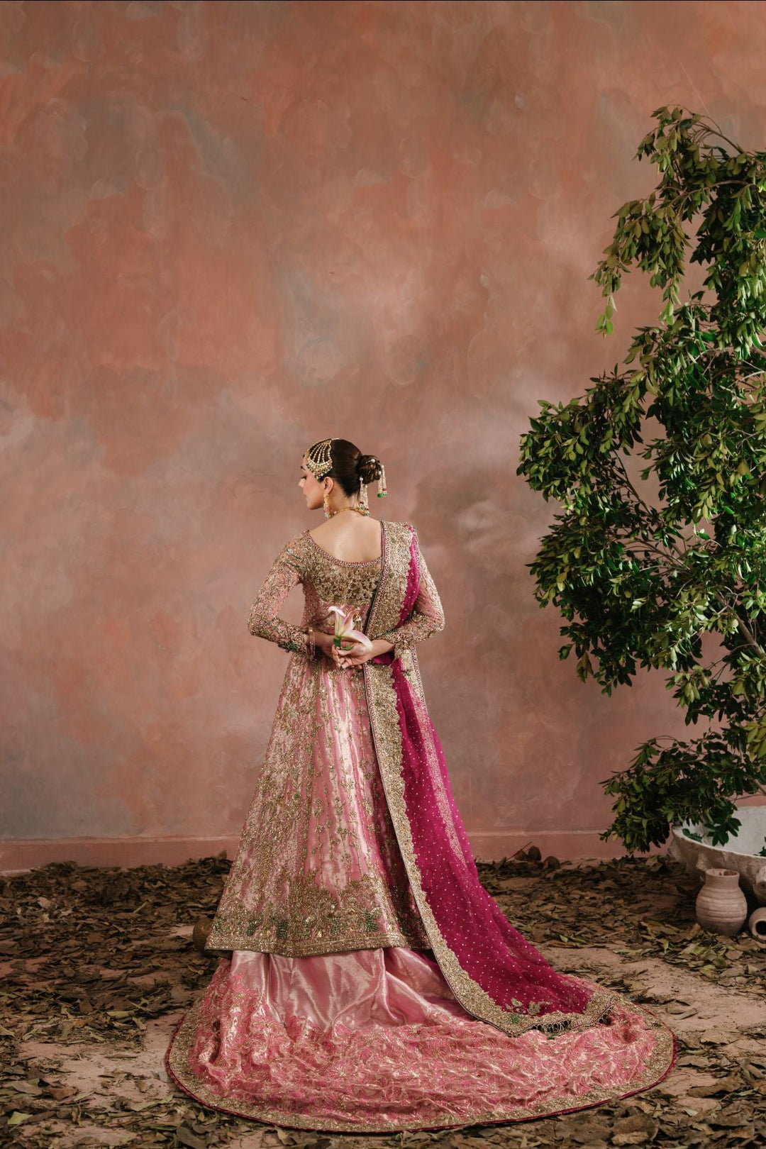 Elegant Pakistani Bridal Dress in Tea Pink Lehenga Gown Style