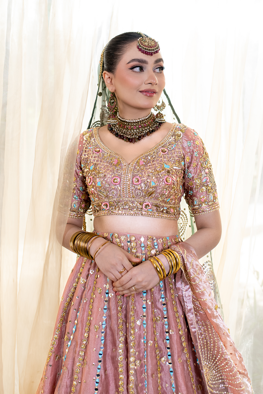 Elegant Pakistani Bridal Dress in Tissue Choli Lehenga Style