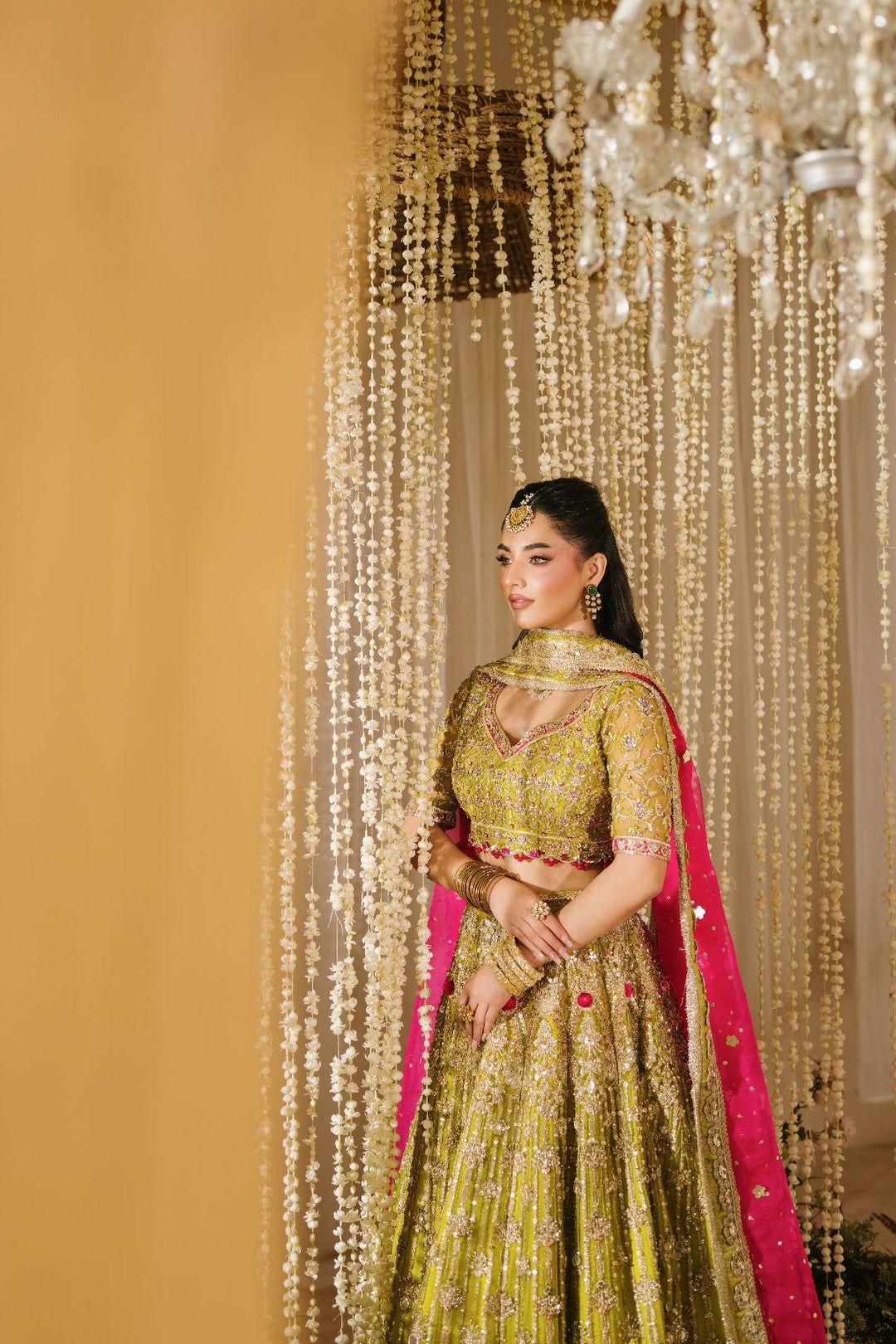 Elegant Pakistani Bridal Mehndi Outfit in Choli Lehenga Style