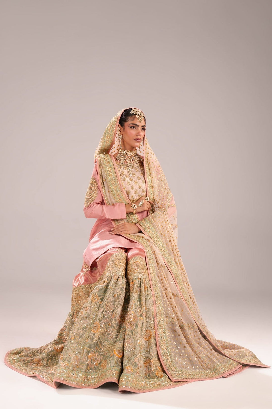 Elegant Pakistani Bridal Nikkah Dress in Gharara Shirt Style