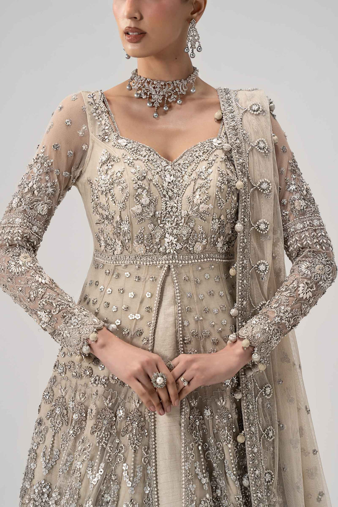 Elegant Pakistani Bridal Outfit in Ivory Net Open Gown Style