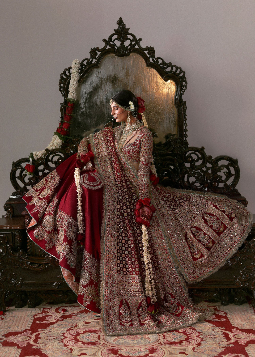 Elegant Pakistani Bridal Outfit in Red Choli Lehenga Style