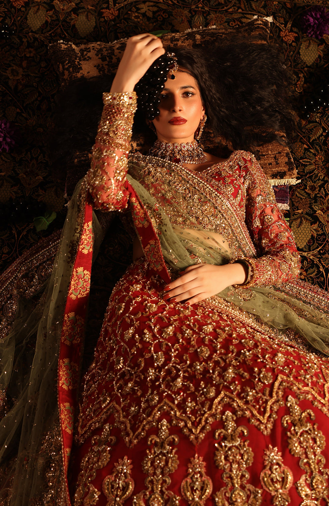Elegant Pakistani Bridal Red Choli Dupatta and Lehenga Dress