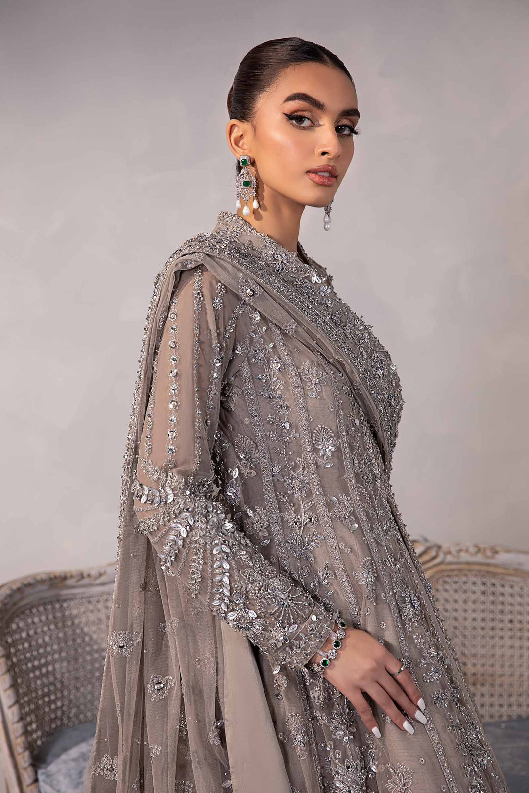 Elegant Pakistani Bridal Wear in Open Frock and Lehenga Style