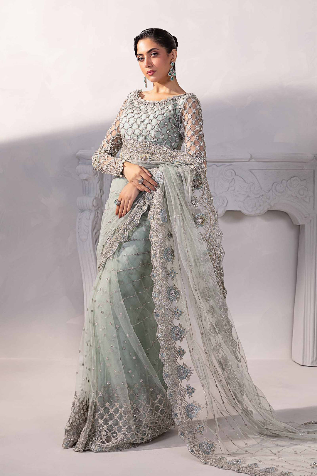 Elegant Blue Pakistani Bridal Dress - Saree Style