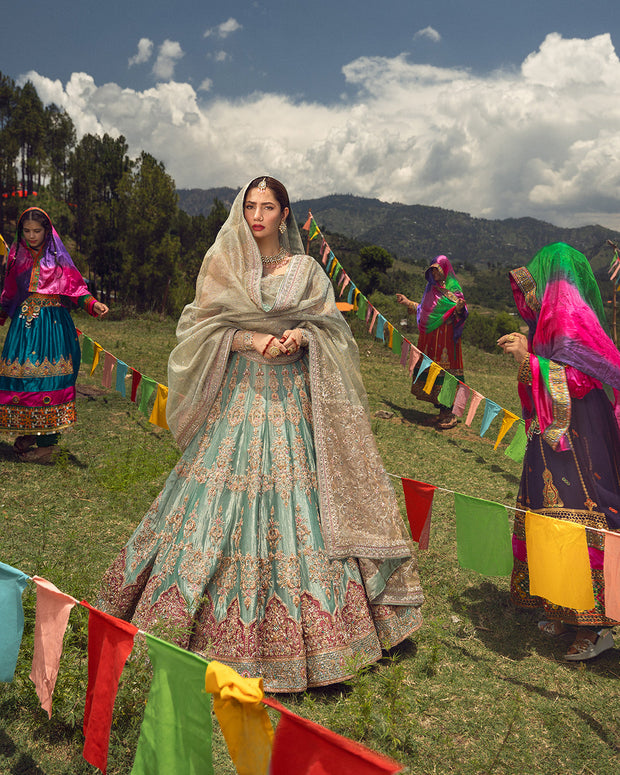 Elegantly Tilla Embroidered Pakistani Bridal Dress Ice Blue Lehenga Choli