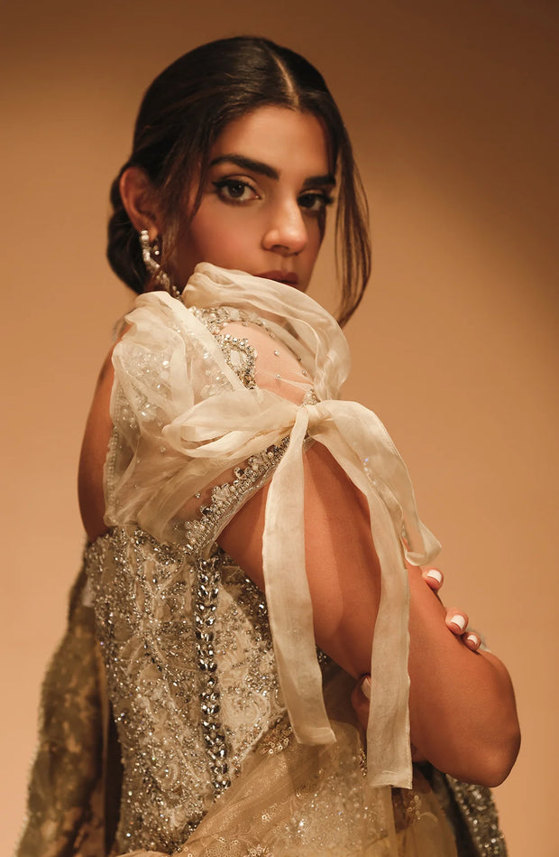 Embellished Golden Saree Style Pakistani Bridal Dress Online