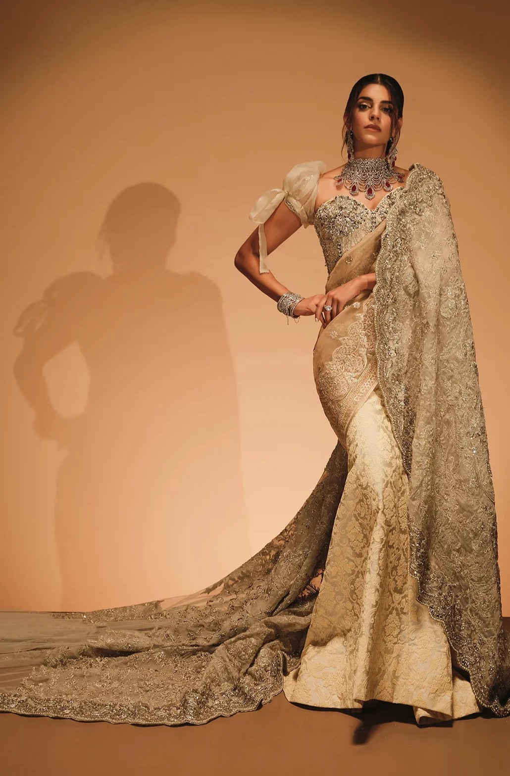 slim fit dress slacks Embellished Golden Saree Style Pakistani Bridal Dress – Nameera by Farooq