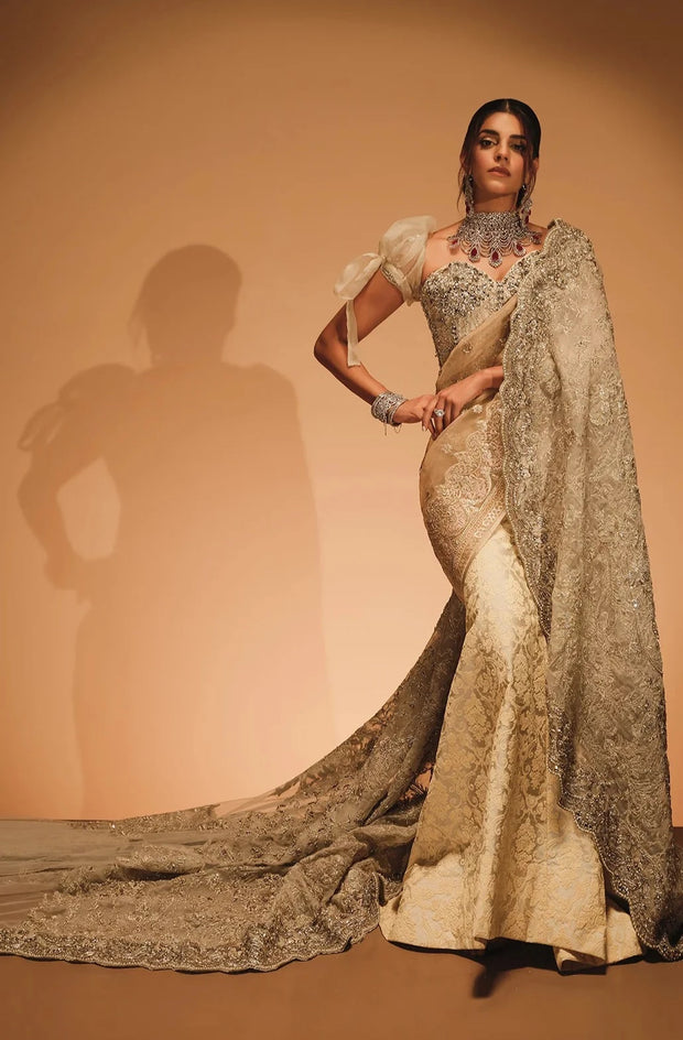 Embellished Golden Saree Style Pakistani Bridal Dress