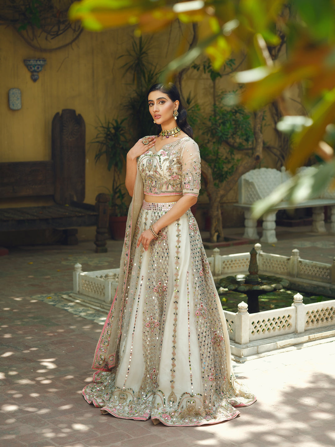 Embellished White Lehenga Choli Dupatta Pakistani Bridal Dress