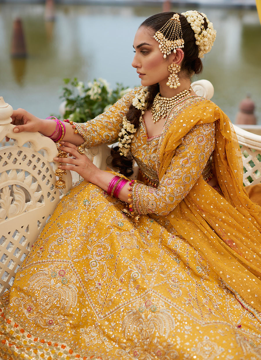Embellished Marigold Bridal Lehnga Choli Pakistani Dress