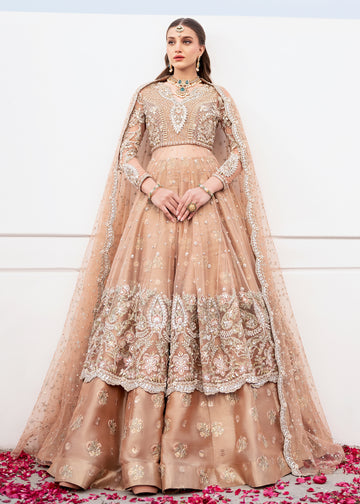 Embellished Pakistani Bridal Dress Peach Color Lehenga Gown