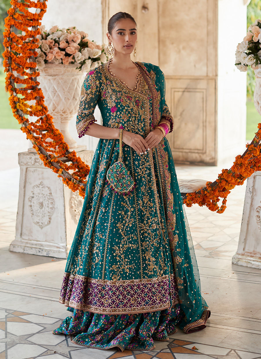 Embellished Pakistani Bridal Dress in Kalidar Maxi and Lehenga Style