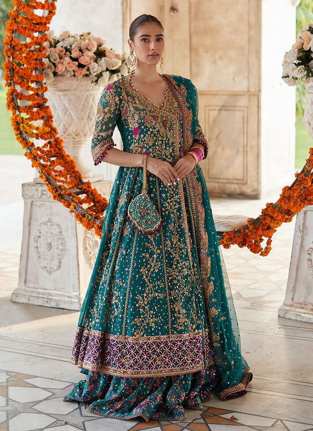 Embellished Pakistani Bridal Dress in Kalidar Maxi and Lehenga Style