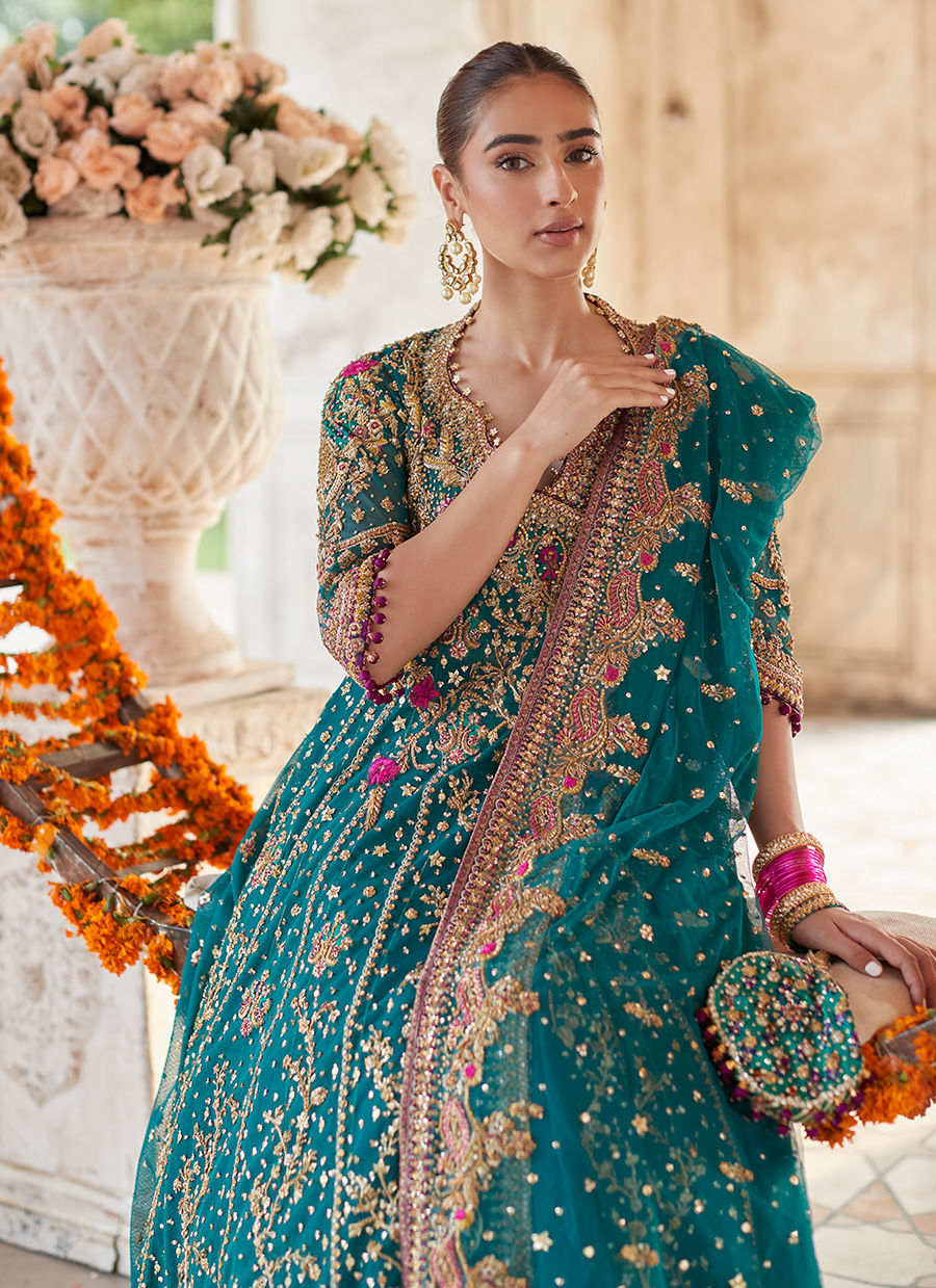 Embellished Pakistani Bridal Dress in Kalidar Maxi and Lehenga Style for bridal wear
