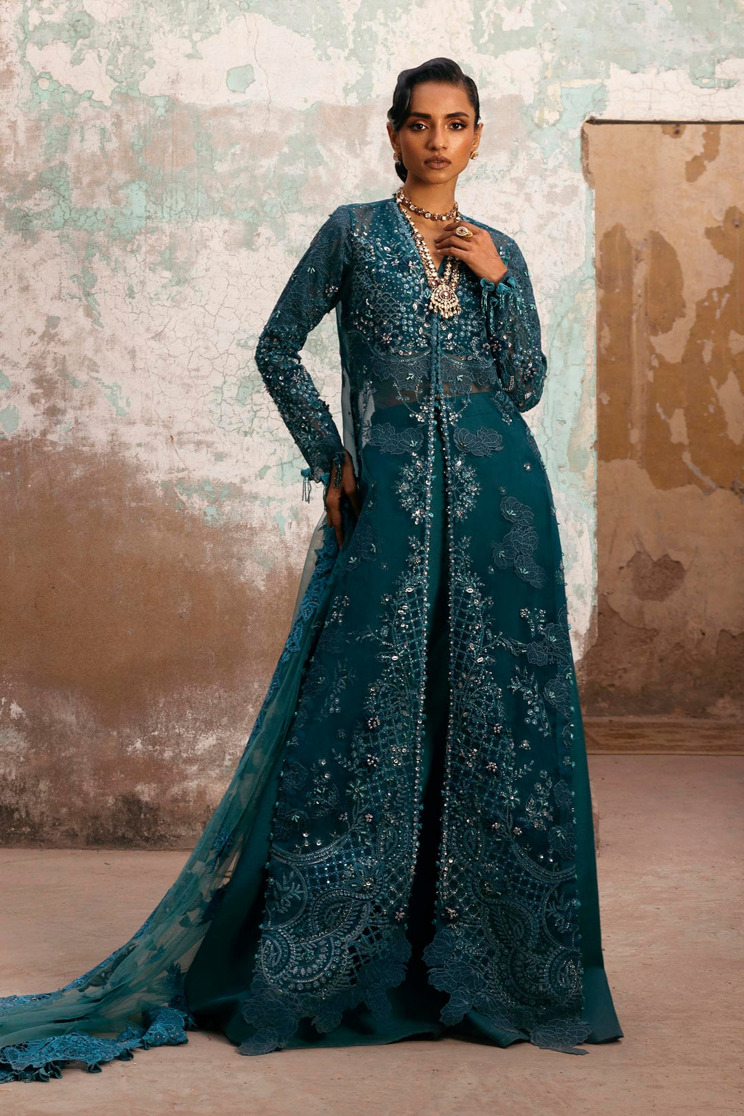 Embellished emerald green organza Pakistani Party Dress