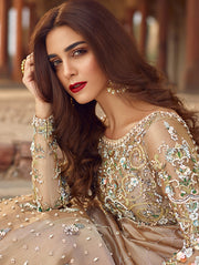 Embroidered Beige Shade Long Frock Pakistani Bridal Dress For Women