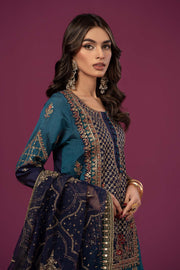 Embroidered Blue Shade Luxury Pakistani Party Dress in Copper Shade High Flared Gharara Style