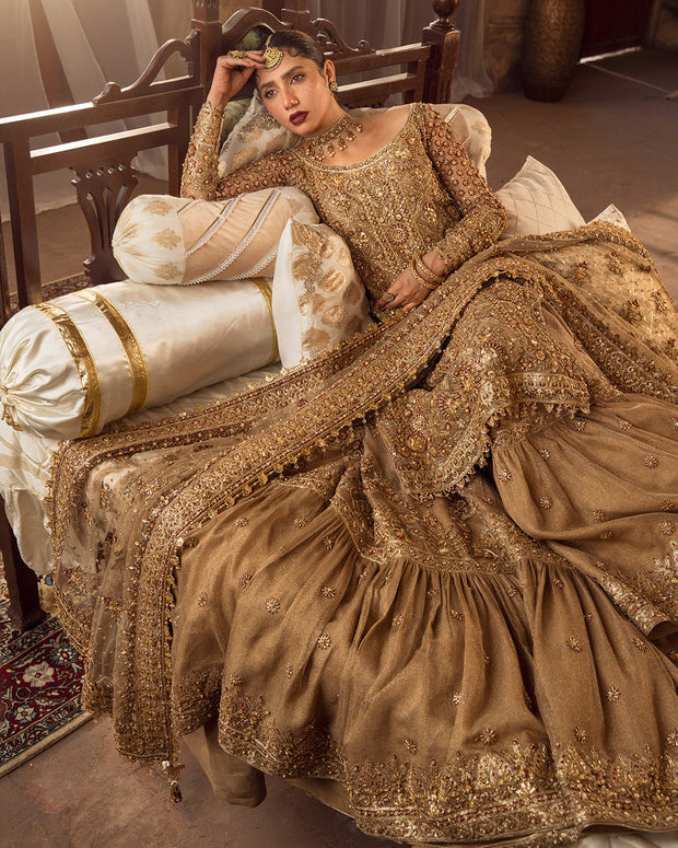 Elegant Embroidered Golden Pakistani Bridal Dress in Farshi Gharara Style Elegant Embroidered Golden Pakistani Bridal Dress in Farshi Gharara Style