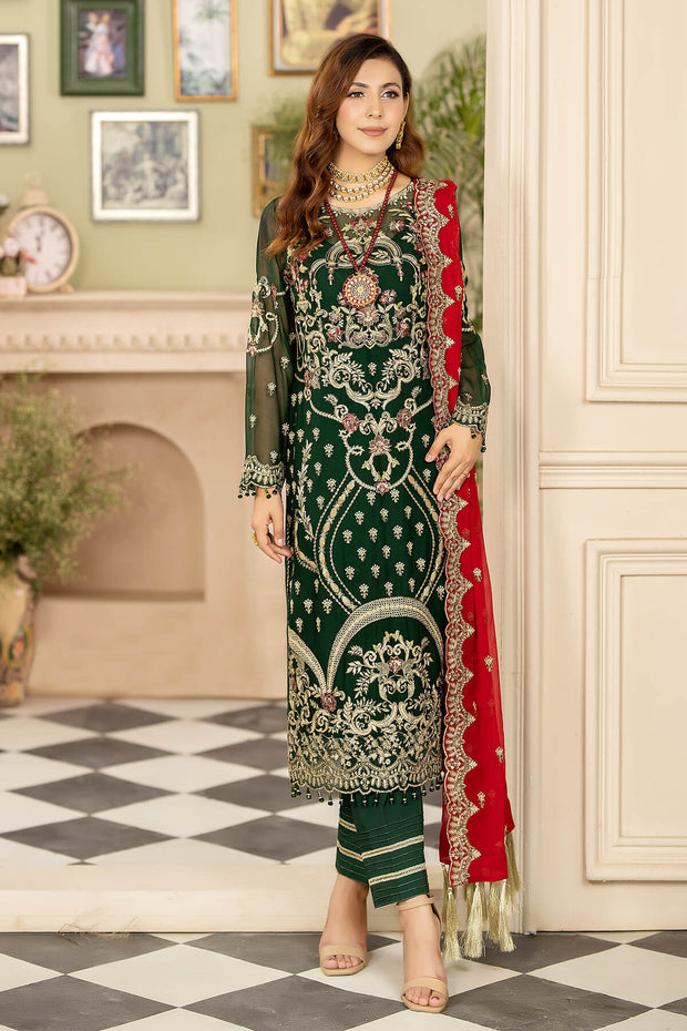 Embroidered Green Pakistani Salwar Kameez and Dupatta