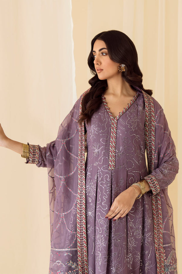 Embroidered Lilac Pakistani Frock Capri with Embellished Dupatta 2023