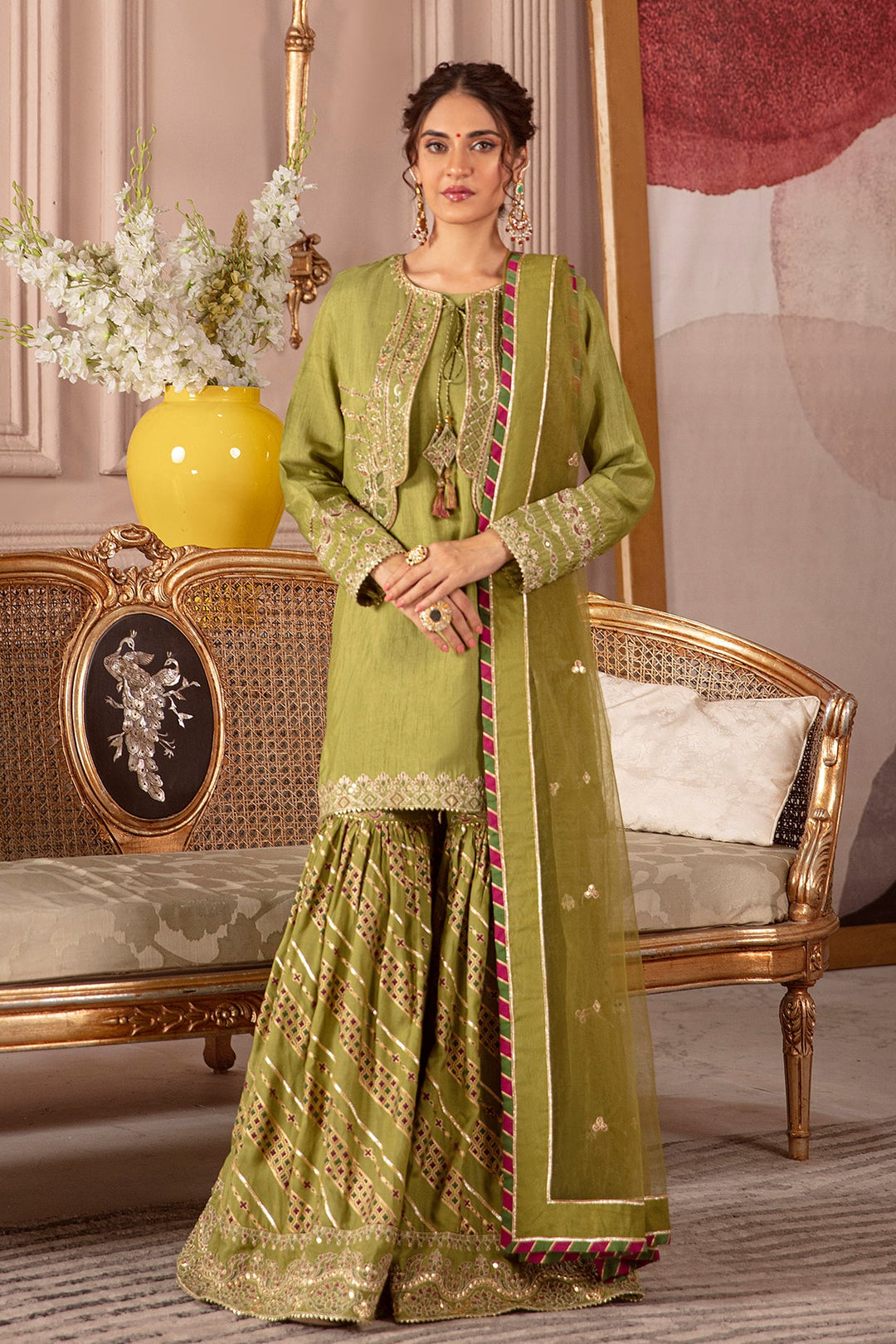 dress with sharara Handmade Tissue Silk Features Zari and Sequins work Sleeve Length 3/4th Sleeves Attached in Jacket Occasion Party Pink Designer Embroidered Floral Gown