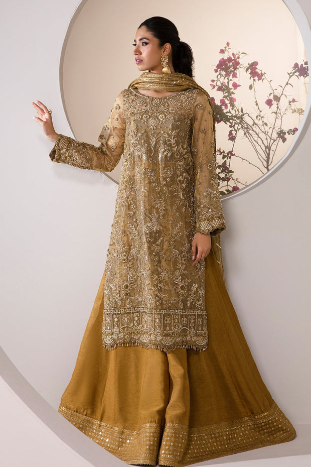 Embroidered Mustard Pakistani Wedding Dress in Kameez Gharara Style
