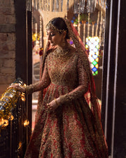 Embroidered Pakistani Bridal Dress in Red Pishwas Lehenga Style For Women