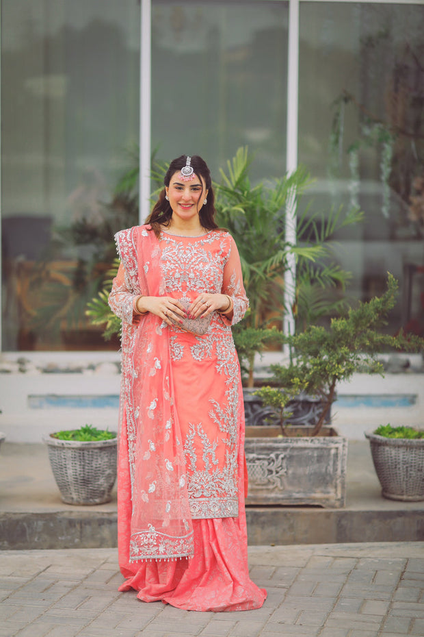 Embroidered Pakistani Kameez Sharara in Carrot Pink Wedding Dress