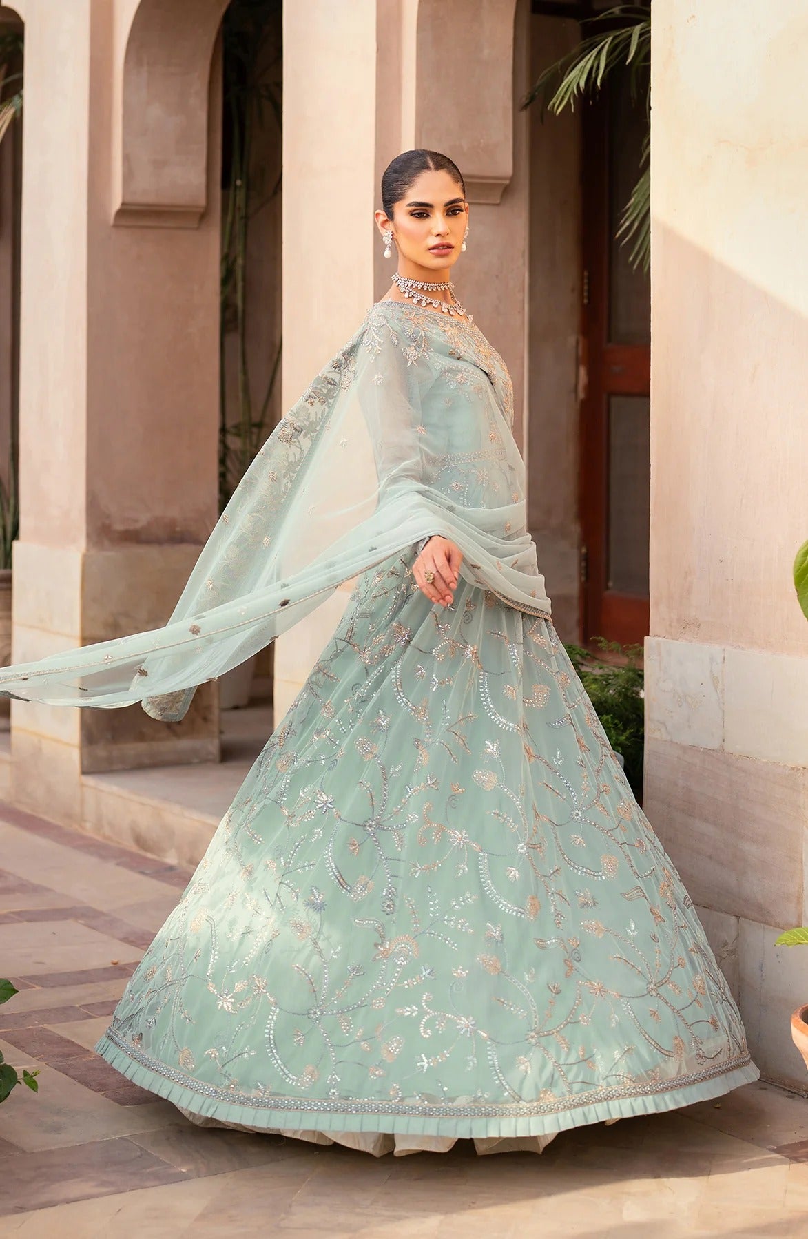 Premium Embroidered Pakistani Party Dress in Raw Silk – Nameera by Farooq