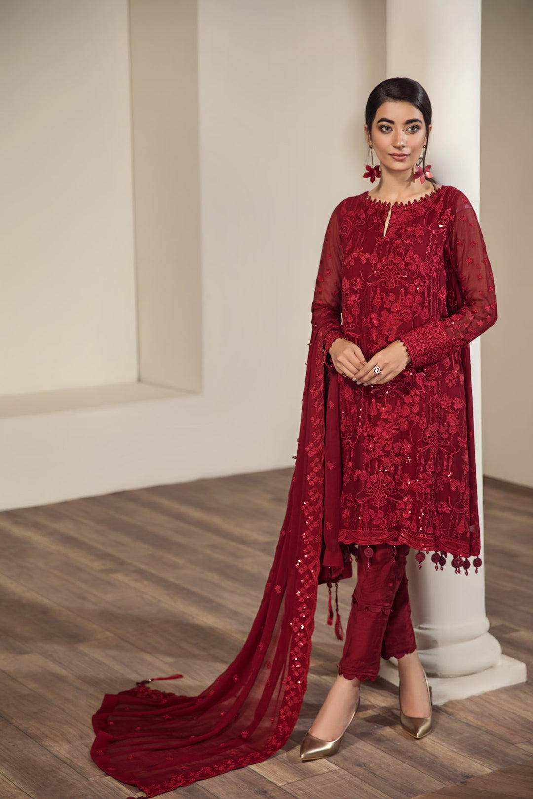 Embroidered Pakistani Salwar Kameez Red Chiffon Salwar Suit – Nameera by  Farooq