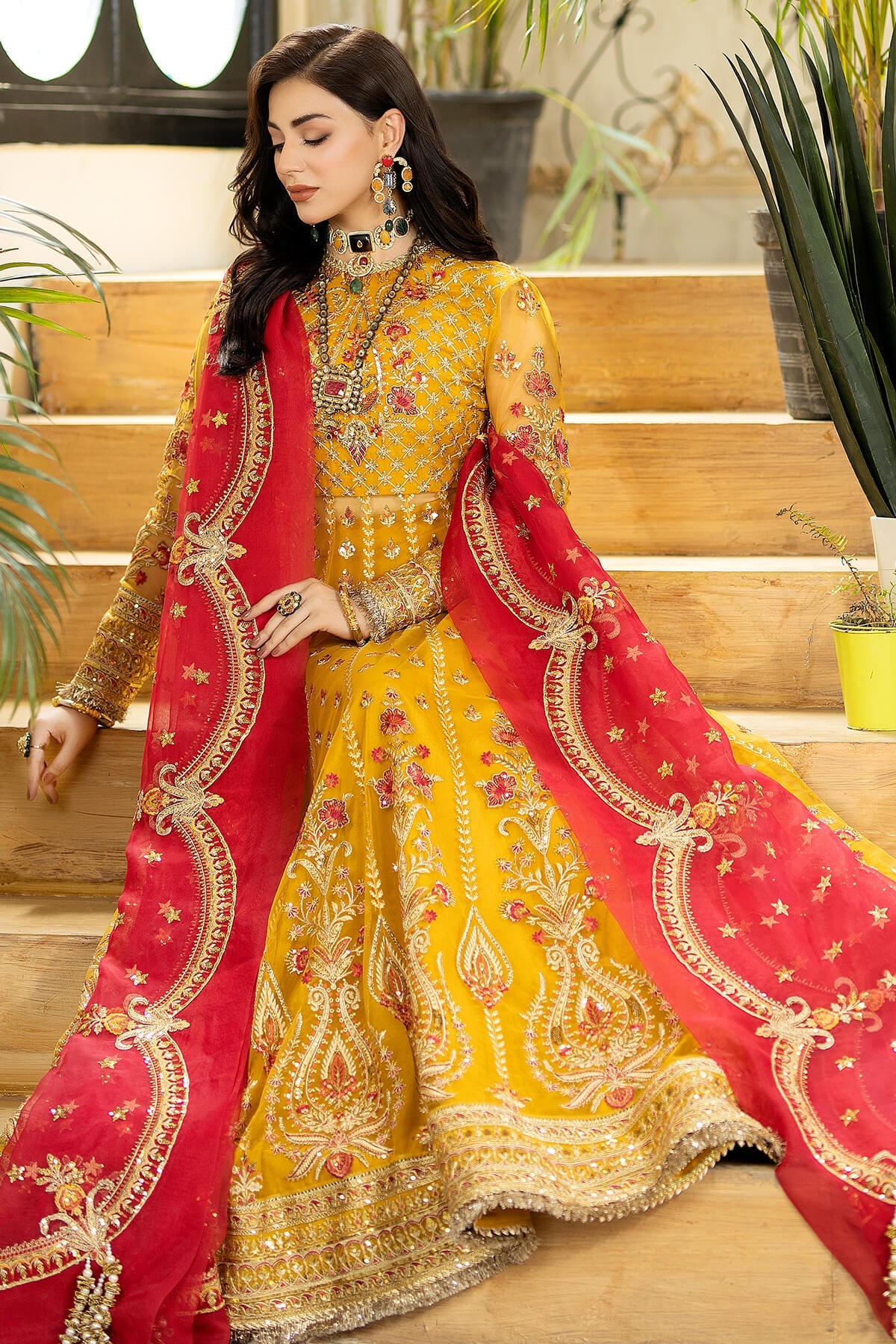 Embroidered Pakistani Wedding Dress in Net Frock Style Nameera by Farooq