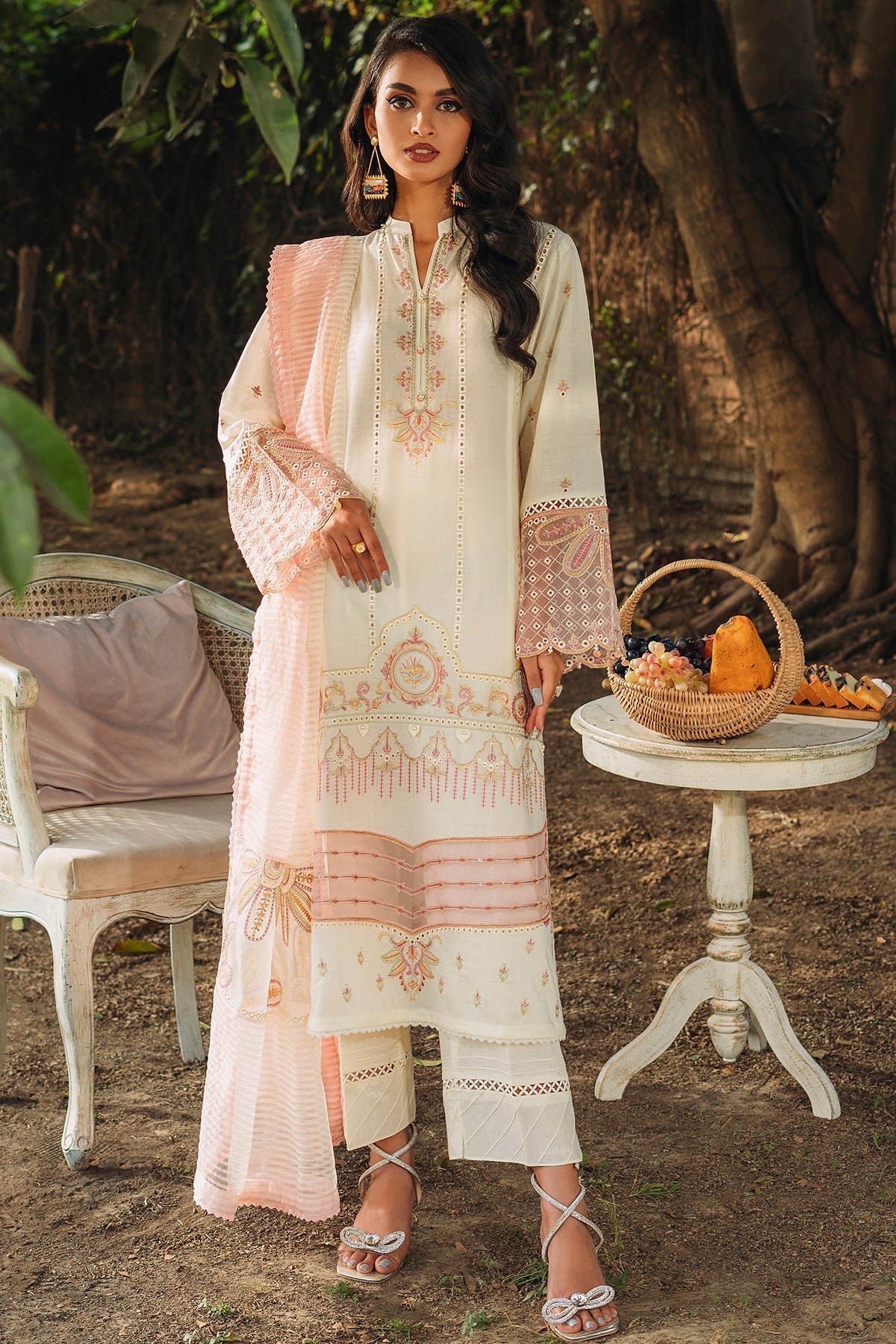 Floral Snow White Embroidered Pakistani Salwar Kameez Suit with Dupatta