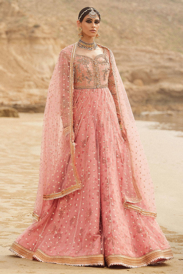 Embroidered Tea Pink Elegant Pakistani Wedding Wear Pishwas Frock