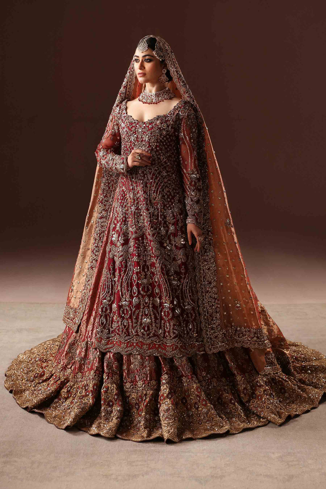Elegant Embroidered Scarlet Pakistani Bridal Lehenga Dress