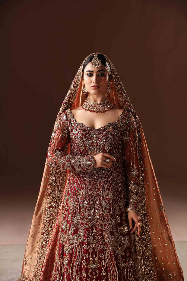 Embroidered Scarlet Pakistani Bridal Dress in Farshi Lehenga