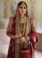 Embroidered Scarlet Pakistani Bridal Dress in Farshi Lehenga Style