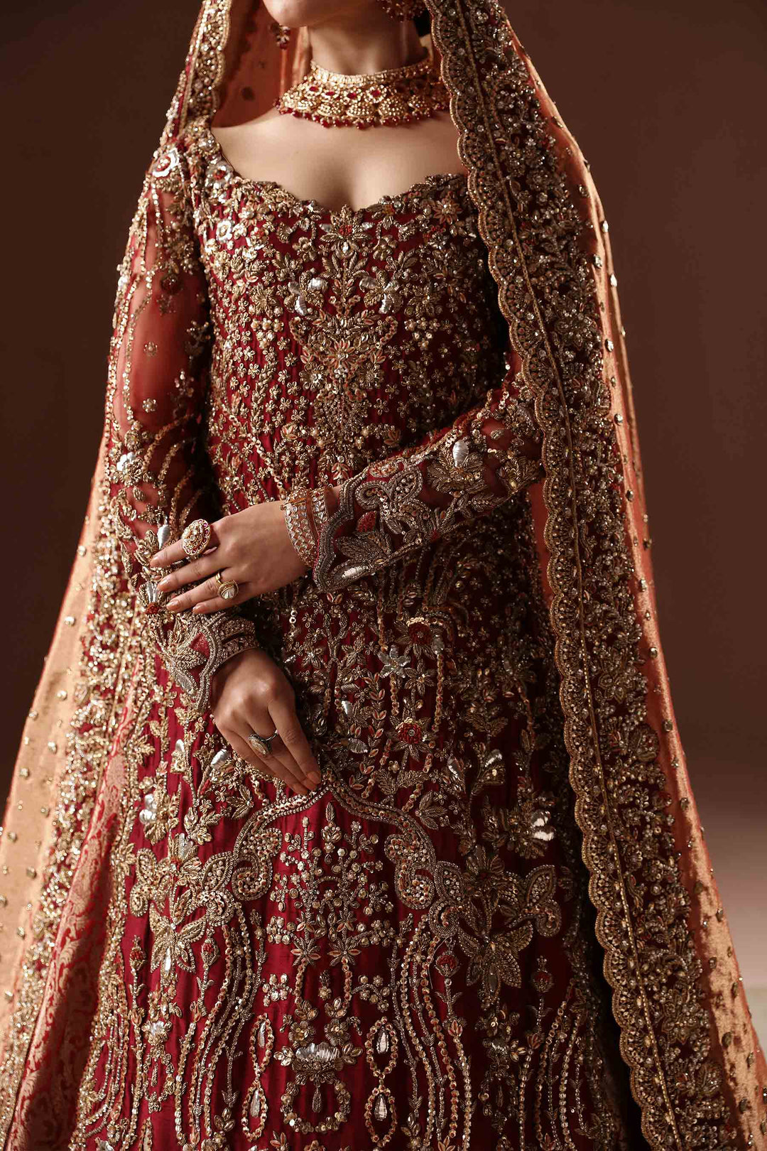 Embroidered Scarlet Pakistani Bridal Dress in Farshi Lehenga Style For Wear
