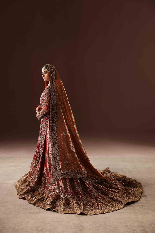Embroidered Scarlet Pakistani Dress in Farshi Lehenga Style