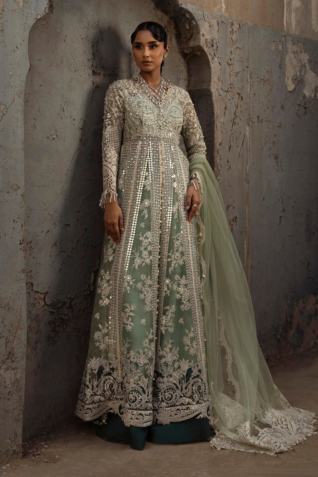Ethereal Sage Green Pakistani Party Dress