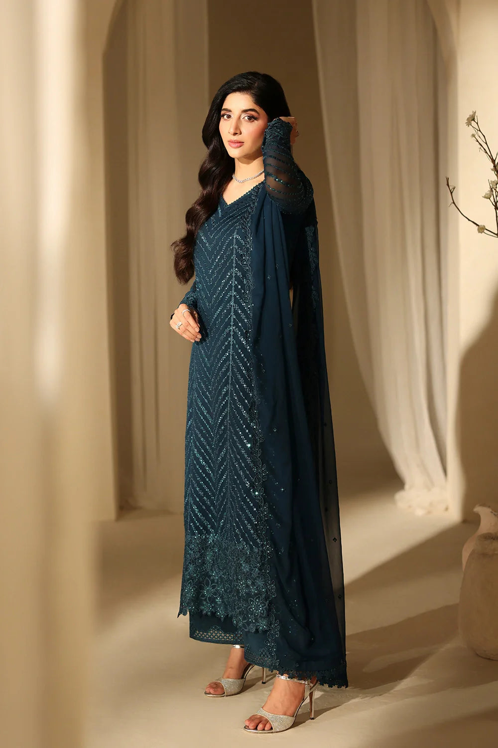 Elegant Deep Teal Sequins Embroidered Chiffon Pakistani Party Dress