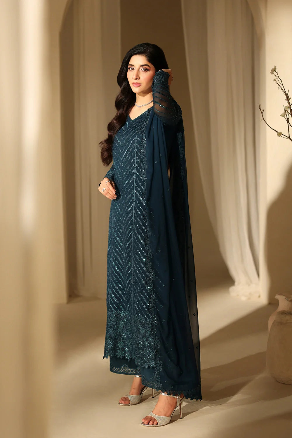 Elegant Deep Teal Sequins Embroidered Chiffon Pakistani Party Dress