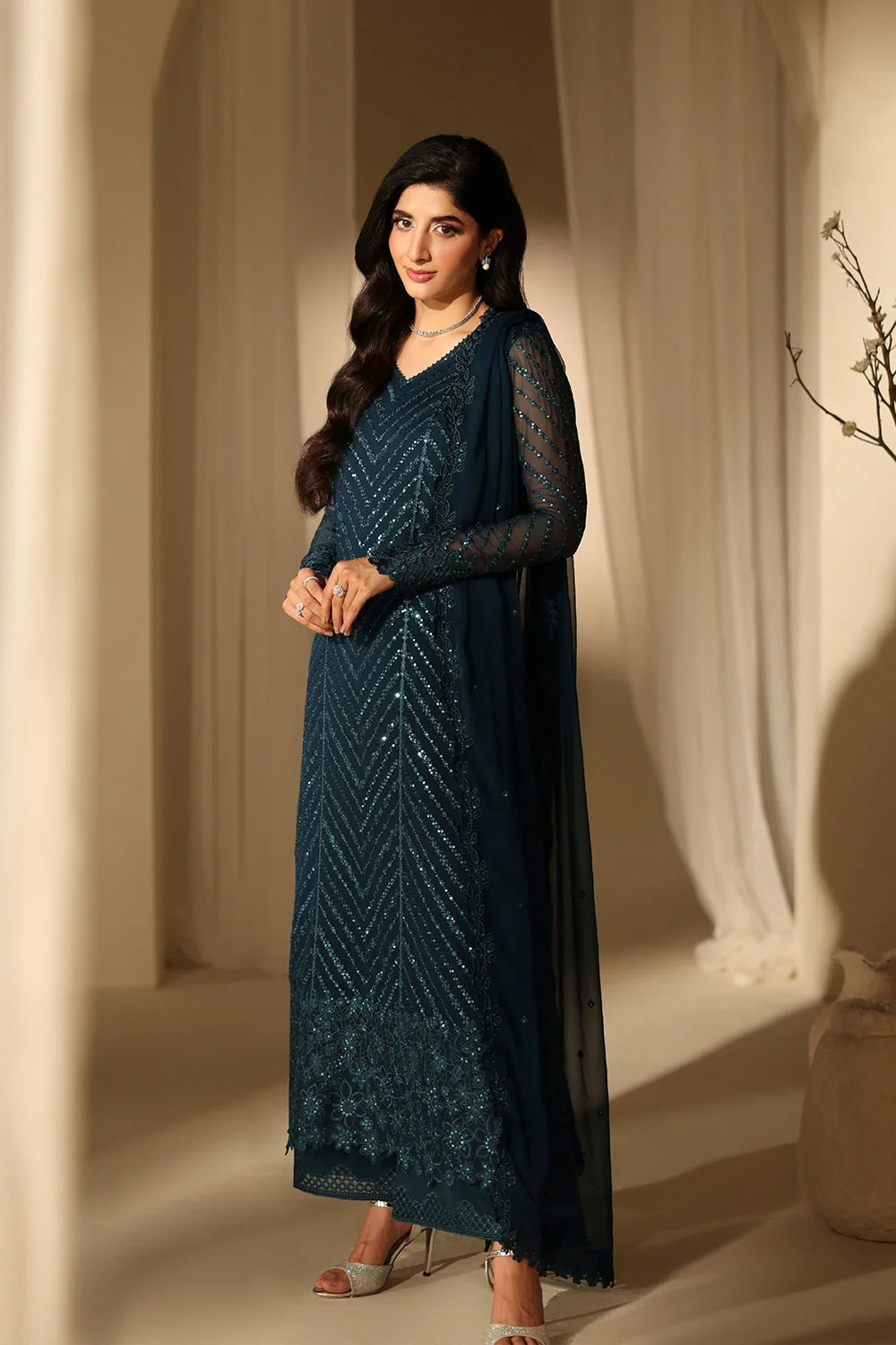 Elegant Deep Teal Sequins Embroidered Chiffon Pakistani Party Dress