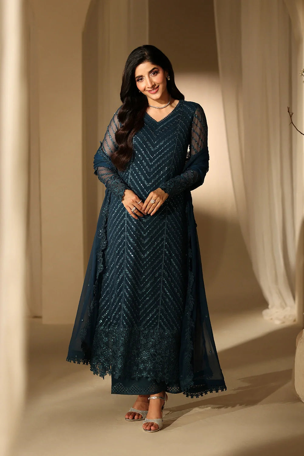 Elegant Deep Teal Sequins Embroidered Chiffon Pakistani Party Dress