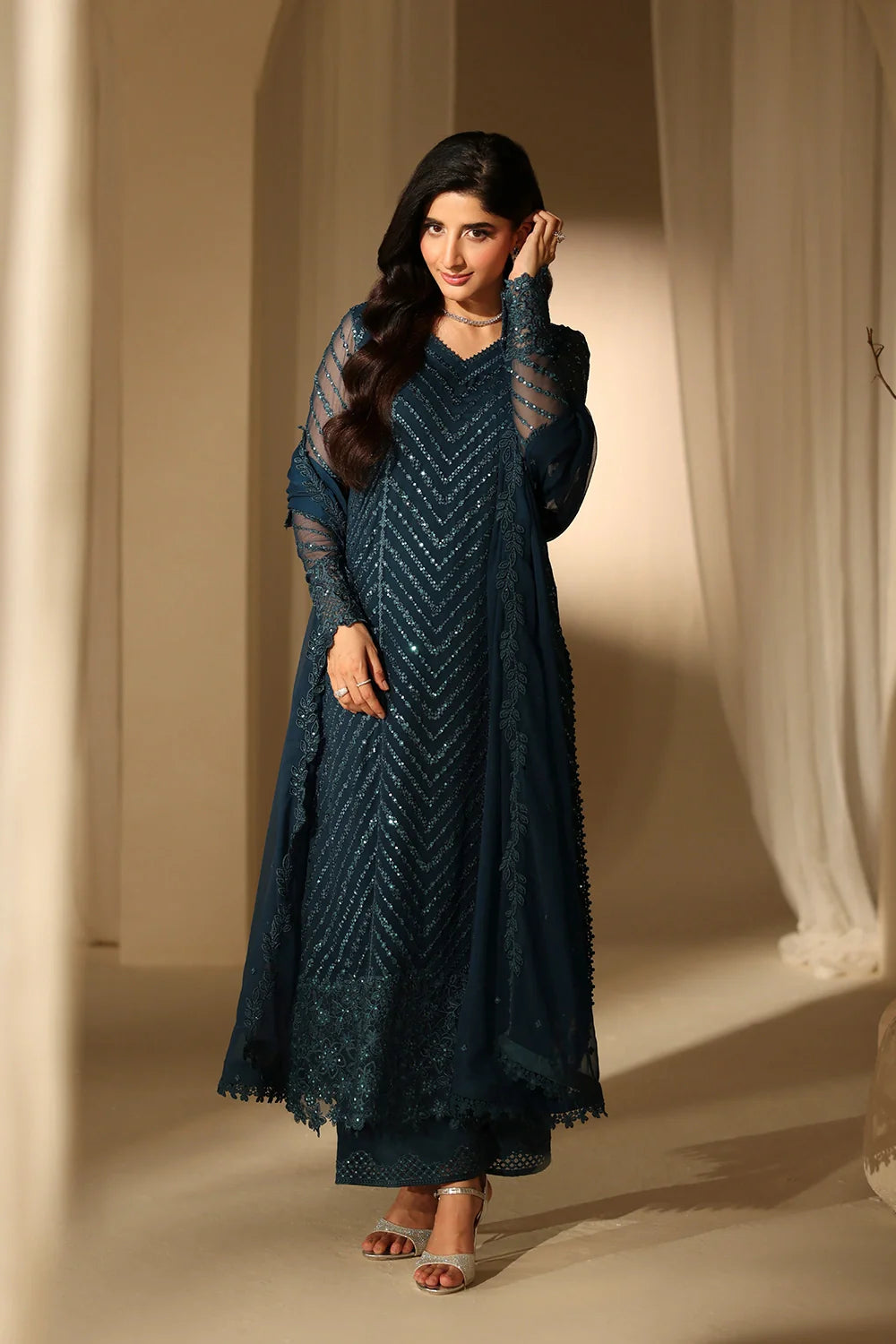 Elegant Deep Teal Sequins Embroidered Chiffon Pakistani Party Dress