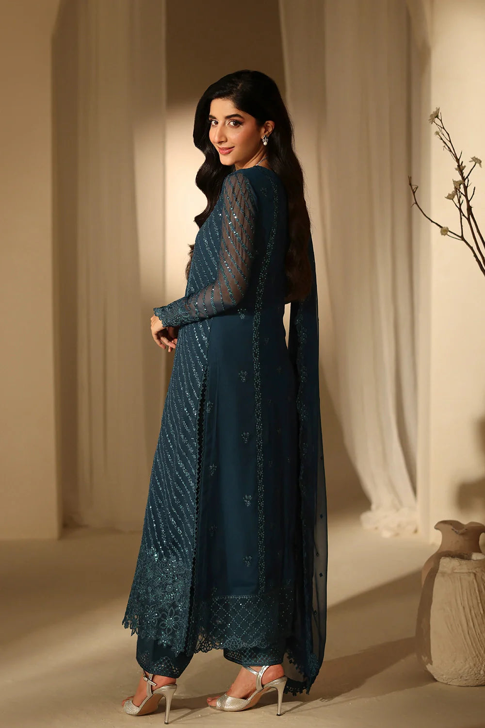 Elegant Deep Teal Sequins Embroidered Chiffon Pakistani Party Dress