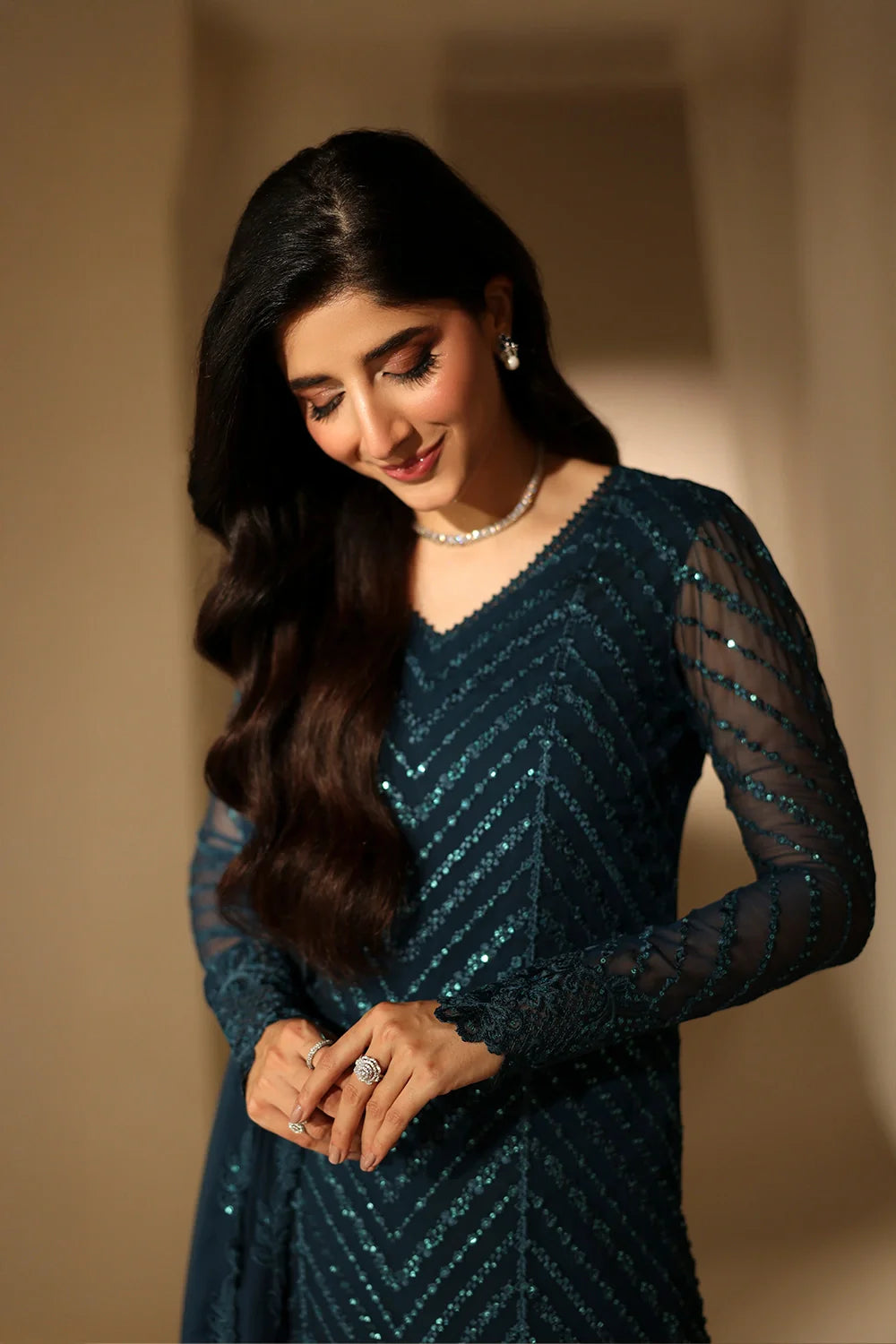 Elegant Deep Teal Sequins Embroidered Chiffon Pakistani Party Dress