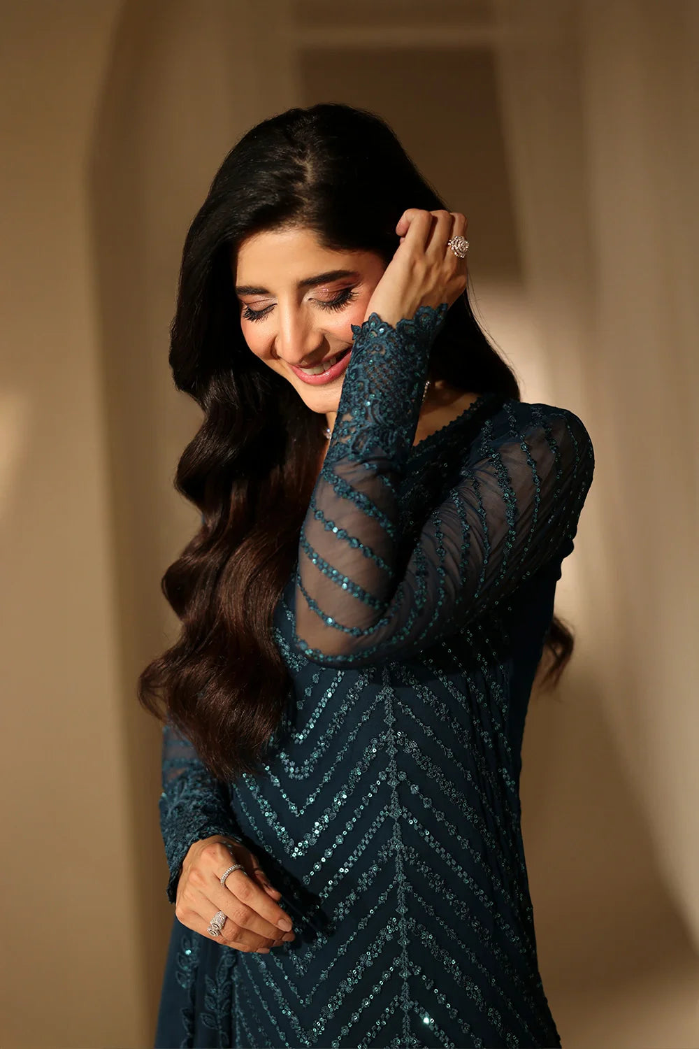 Elegant Deep Teal Sequins Embroidered Chiffon Pakistani Party Dress